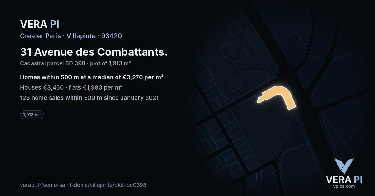 31 Avenue des Combattants, Villepinte at night – the plot lit, the parcels around coloured by the prices near them