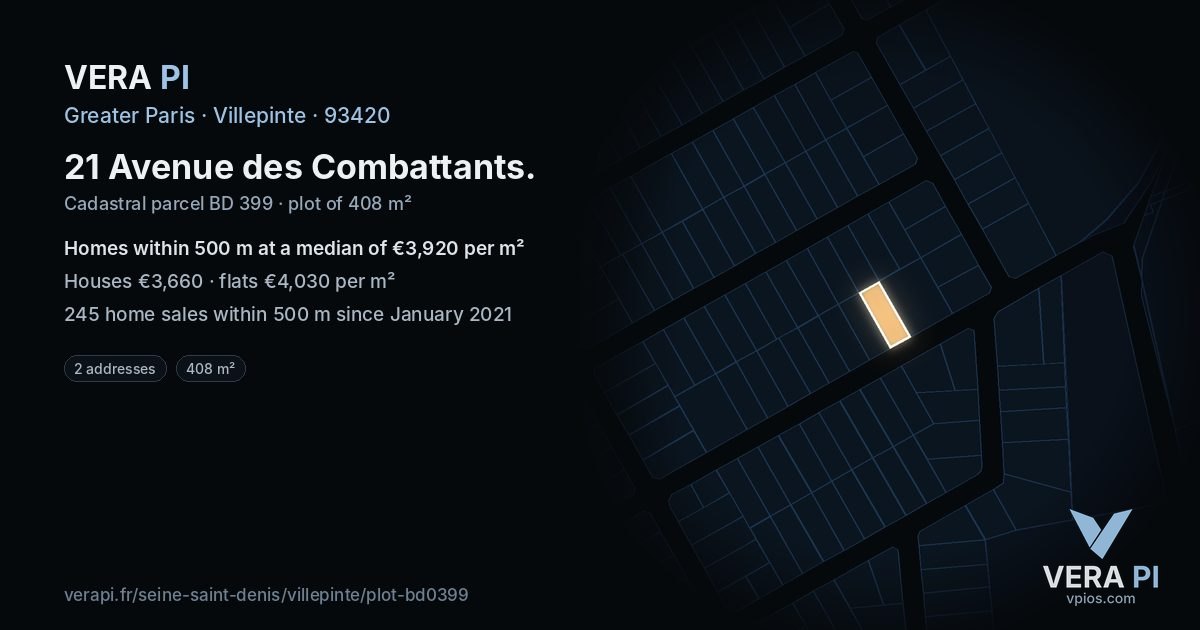 21 Avenue des Combattants, Villepinte at night – the plot lit, the parcels around coloured by the prices near them
