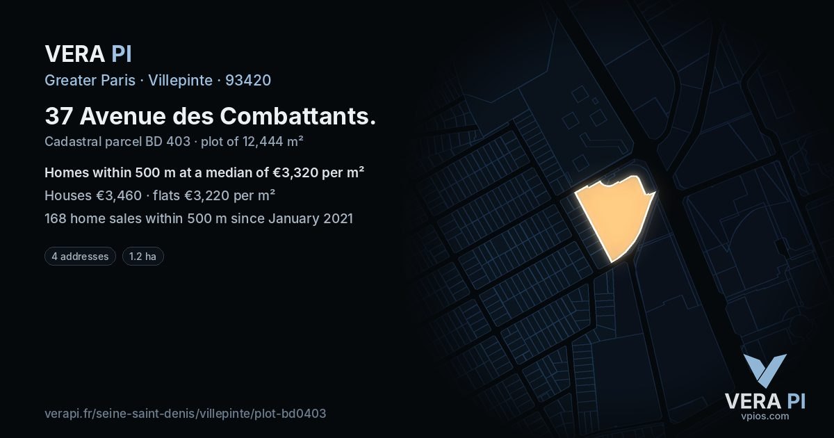 37 Avenue des Combattants, Villepinte at night – the plot lit, the parcels around coloured by the prices near them
