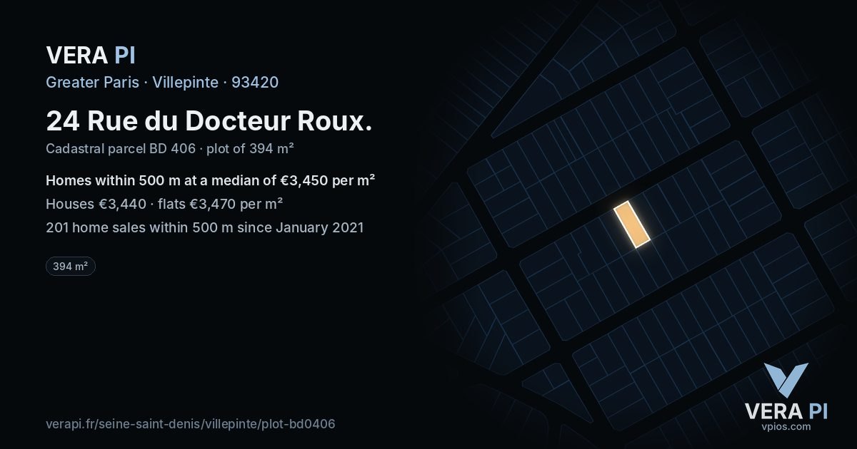 24 Rue du Docteur Roux, Villepinte at night – the plot lit, the parcels around coloured by the prices near them