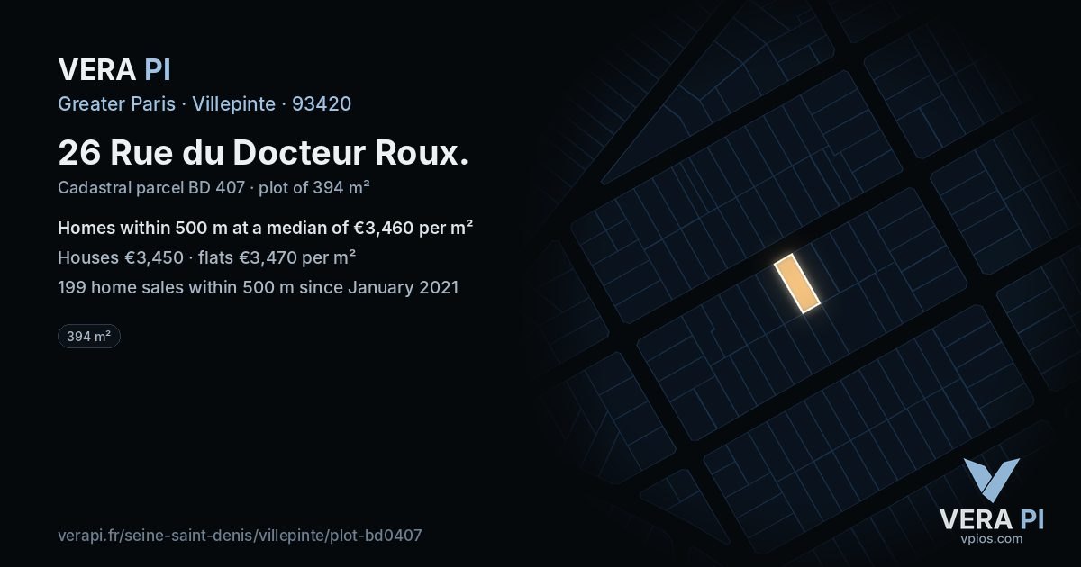 26 Rue du Docteur Roux, Villepinte at night – the plot lit, the parcels around coloured by the prices near them