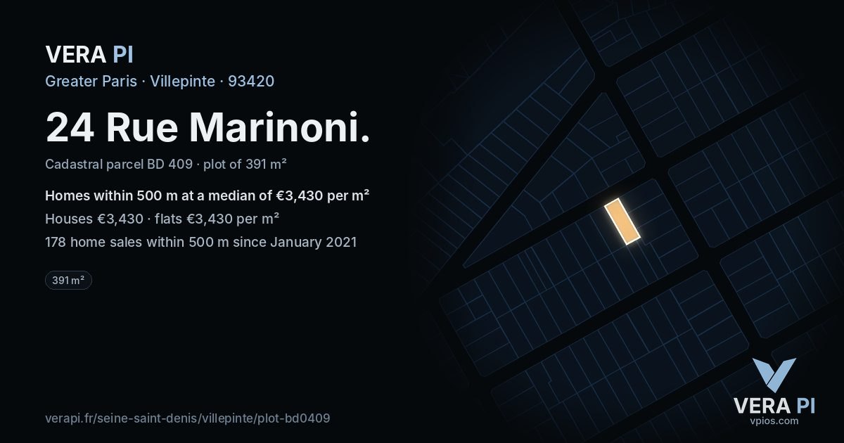 24 Rue Marinoni, Villepinte at night – the plot lit, the parcels around coloured by the prices near them