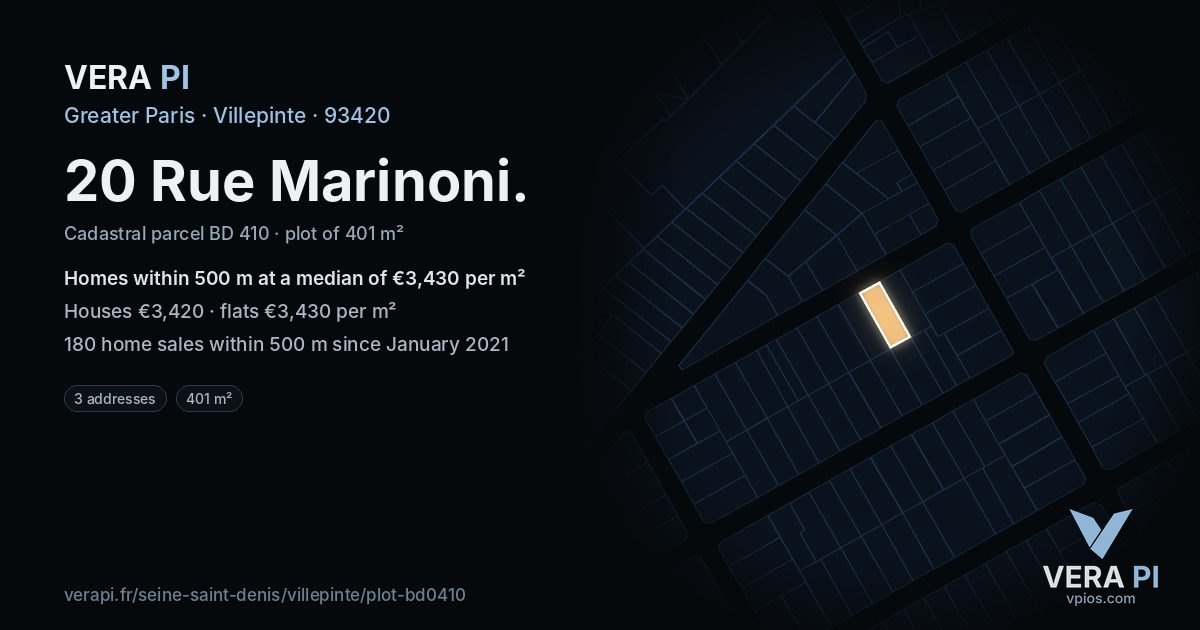 20 Rue Marinoni, Villepinte at night – the plot lit, the parcels around coloured by the prices near them