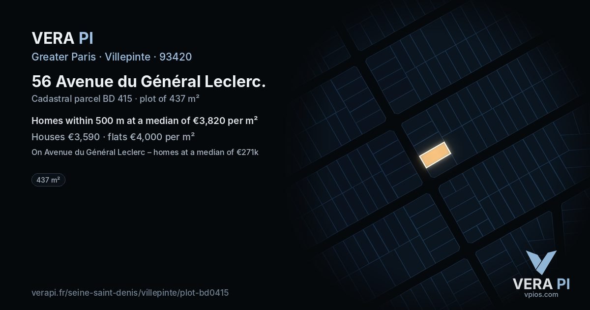 56 Avenue du Général Leclerc, Villepinte at night – the plot lit, the parcels around coloured by the prices near them