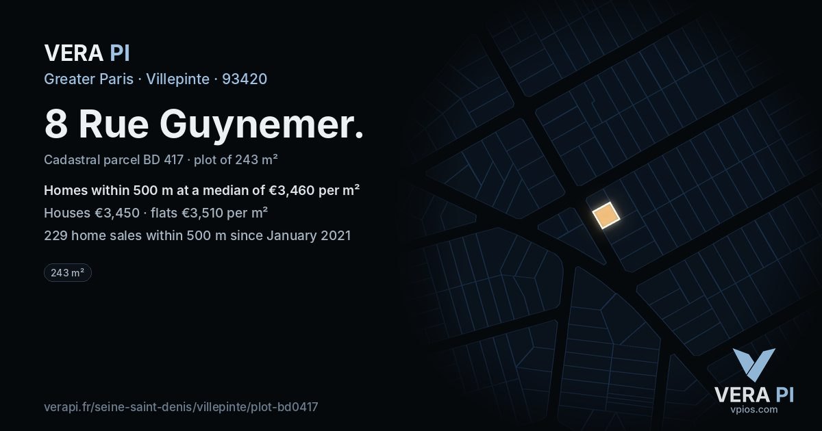 8 Rue Guynemer, Villepinte at night – the plot lit, the parcels around coloured by the prices near them