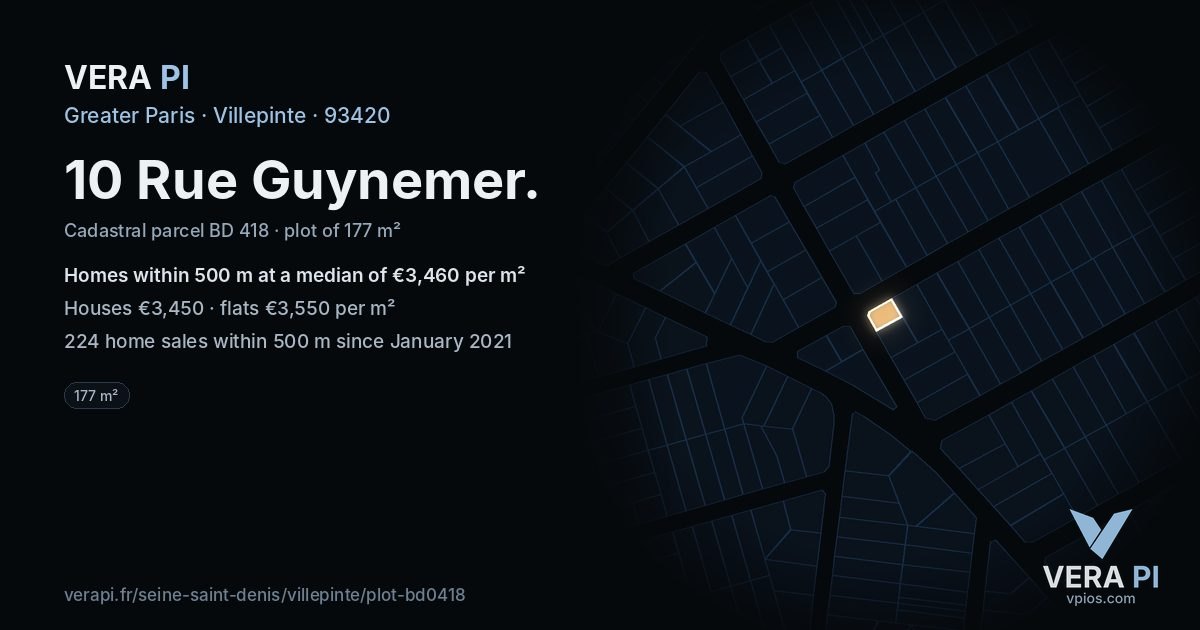 10 Rue Guynemer, Villepinte at night – the plot lit, the parcels around coloured by the prices near them