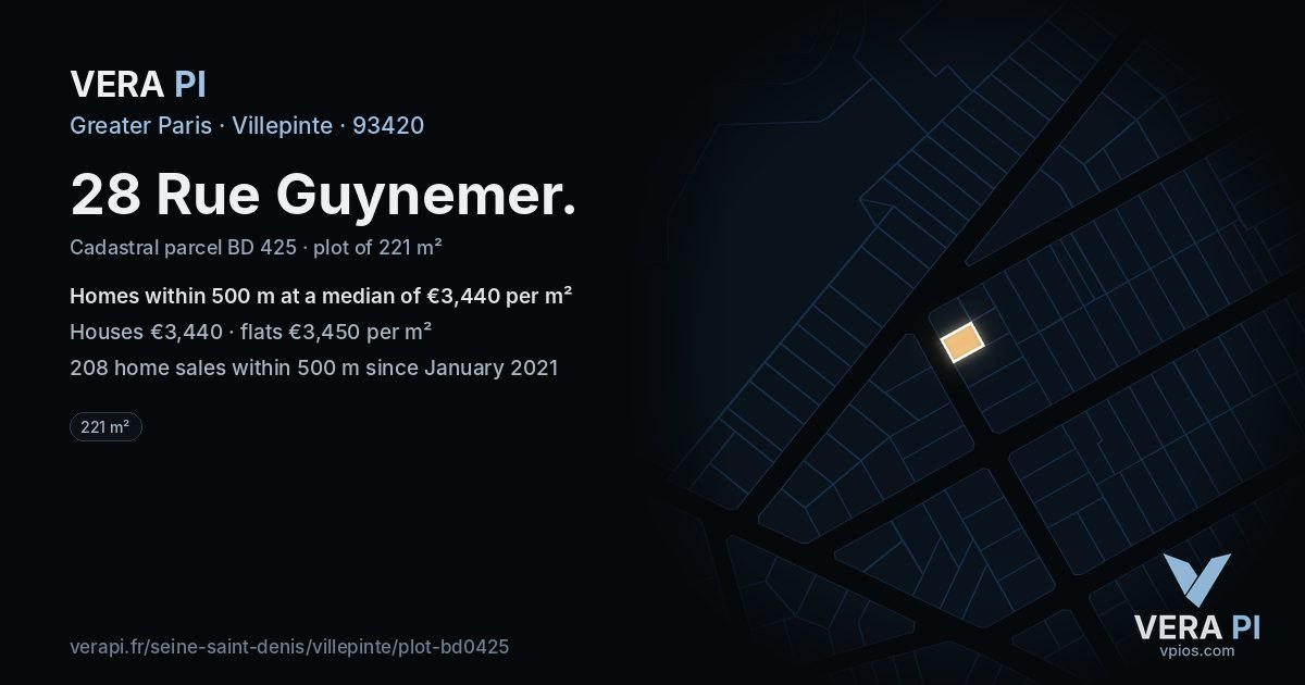 28 Rue Guynemer, Villepinte at night – the plot lit, the parcels around coloured by the prices near them