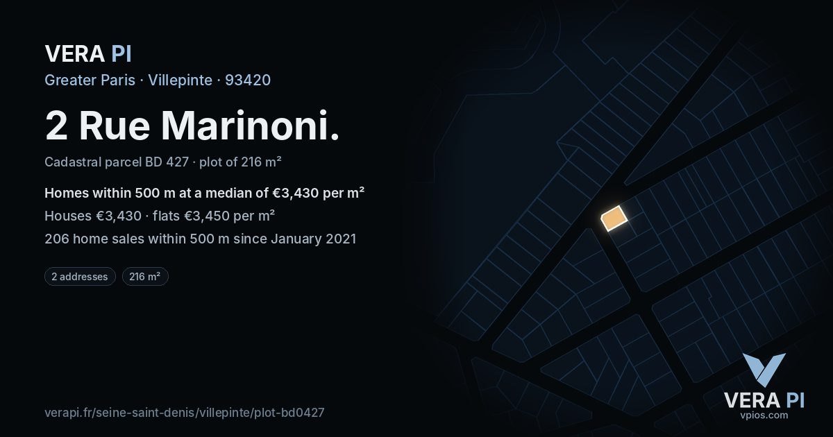 2 Rue Marinoni, Villepinte at night – the plot lit, the parcels around coloured by the prices near them
