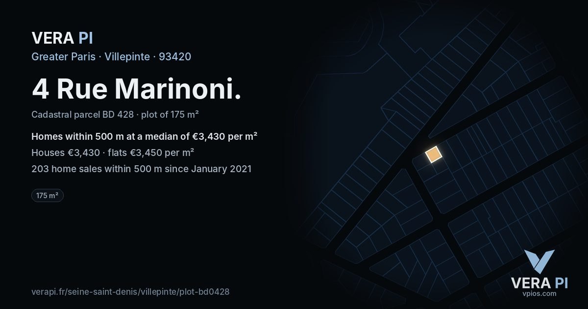 4 Rue Marinoni, Villepinte at night – the plot lit, the parcels around coloured by the prices near them