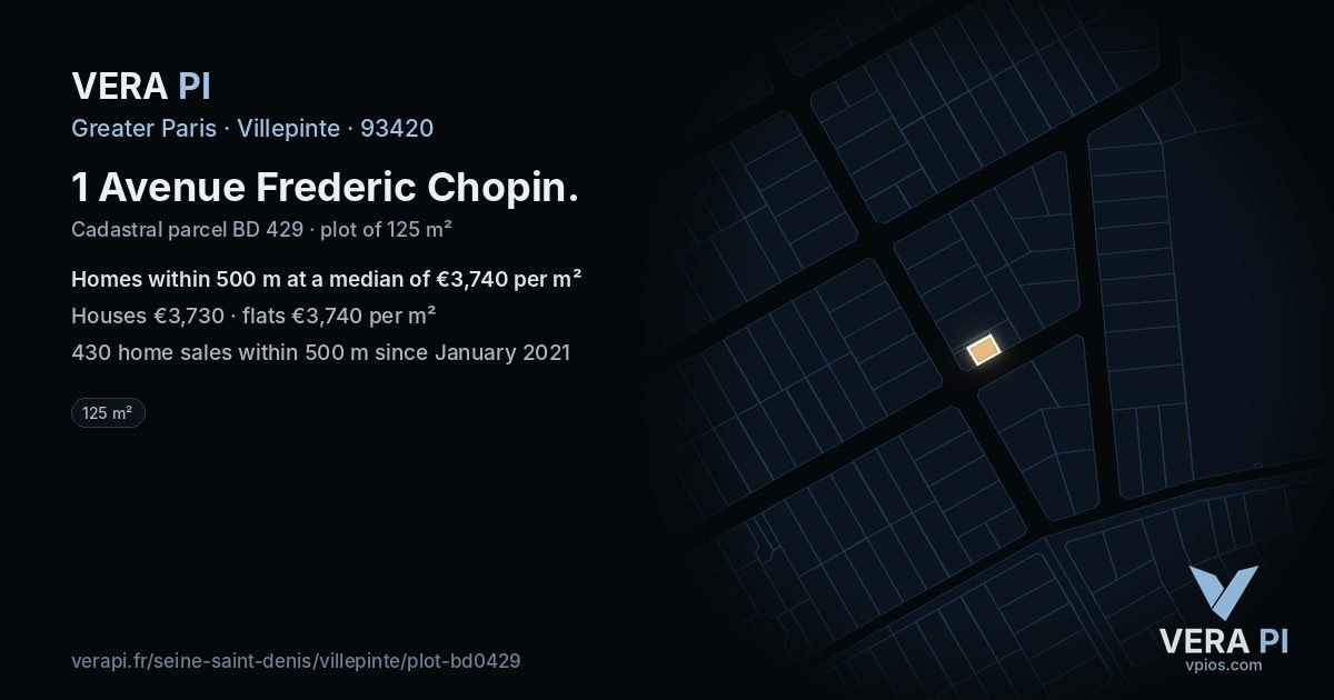 1 Avenue Frederic Chopin, Villepinte at night – the plot lit, the parcels around coloured by the prices near them