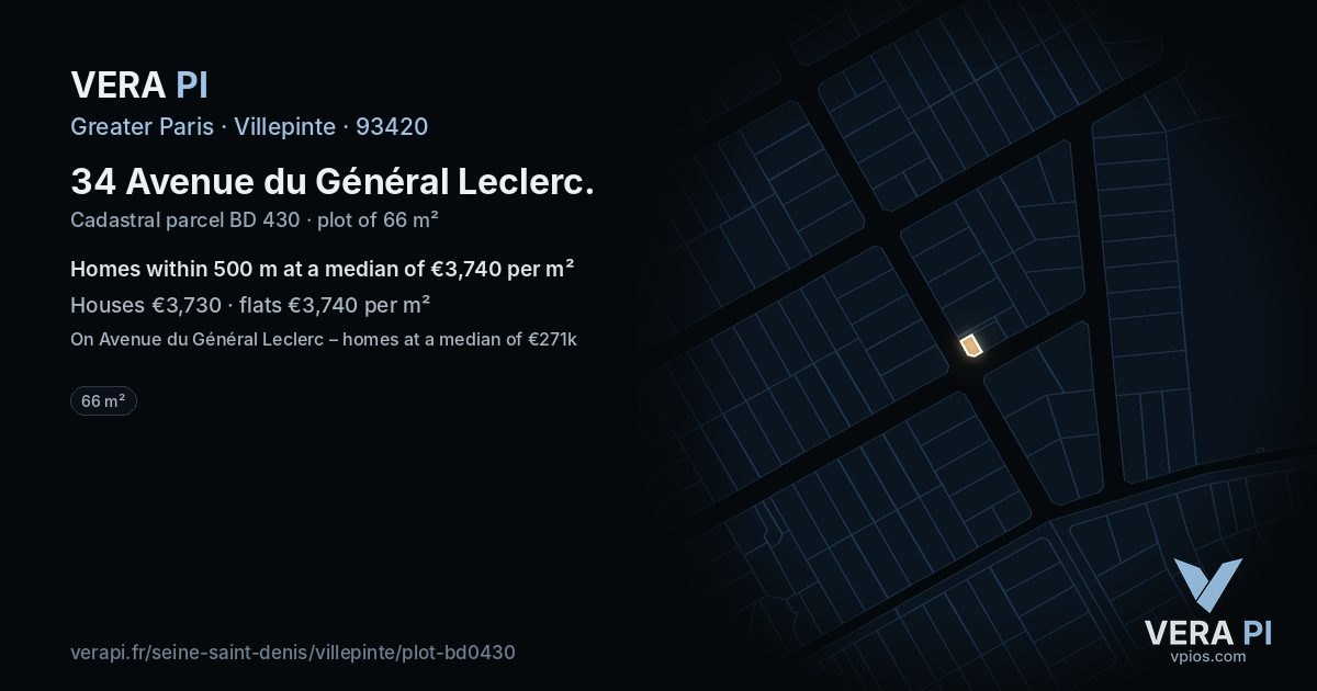 34 Avenue du Général Leclerc, Villepinte at night – the plot lit, the parcels around coloured by the prices near them