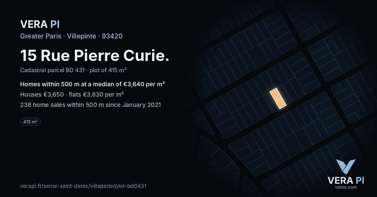 15 Rue Pierre Curie, Villepinte at night – the plot lit, the parcels around coloured by the prices near them