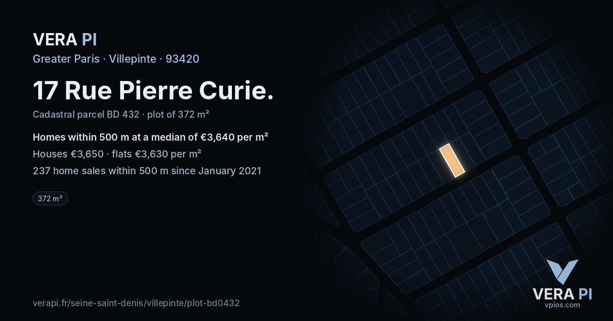 17 Rue Pierre Curie, Villepinte at night – the plot lit, the parcels around coloured by the prices near them