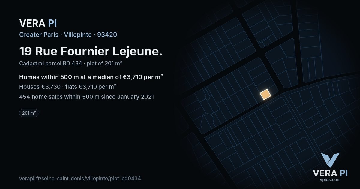 19 Rue Fournier Lejeune, Villepinte at night – the plot lit, the parcels around coloured by the prices near them