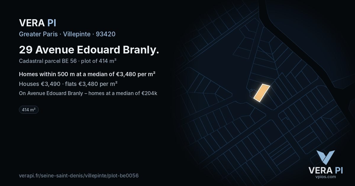 29 Avenue Edouard Branly, Villepinte at night – the plot lit, the parcels around coloured by the prices near them