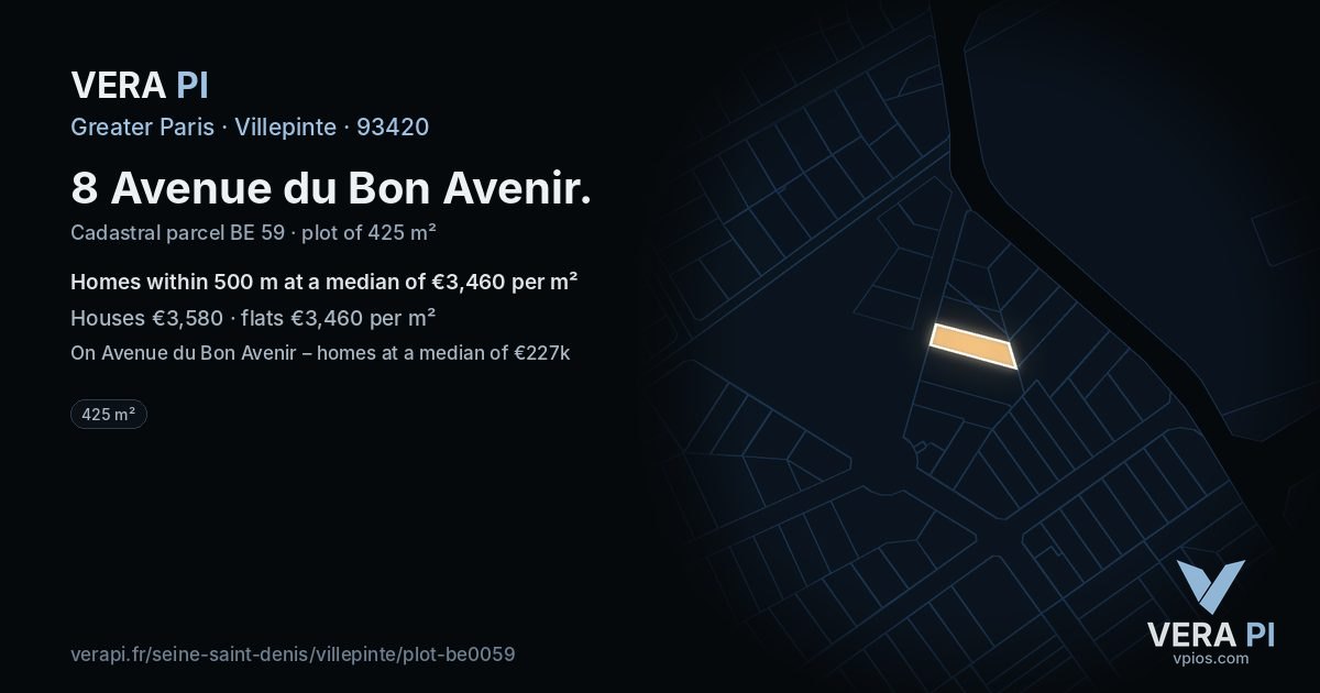 8 Avenue du Bon Avenir, Villepinte at night – the plot lit, the parcels around coloured by the prices near them