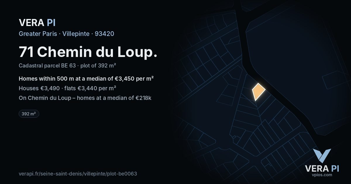 71 Chemin du Loup, Villepinte at night – the plot lit, the parcels around coloured by the prices near them