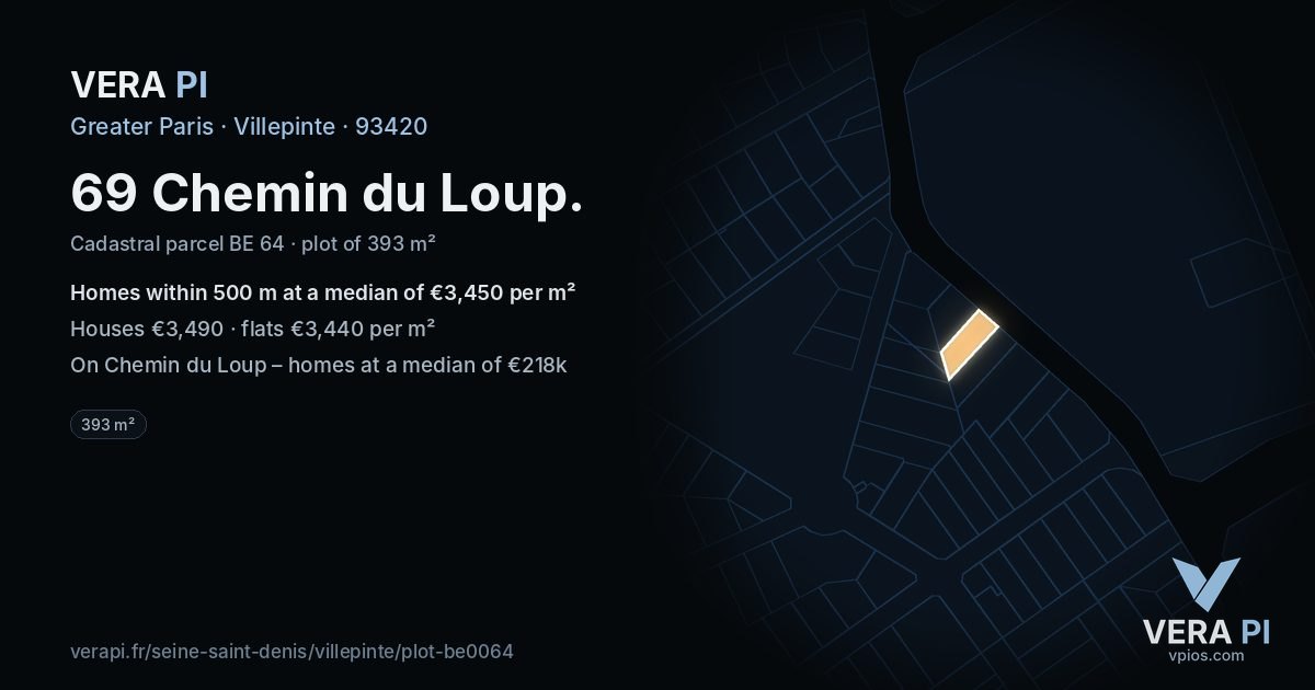 69 Chemin du Loup, Villepinte at night – the plot lit, the parcels around coloured by the prices near them