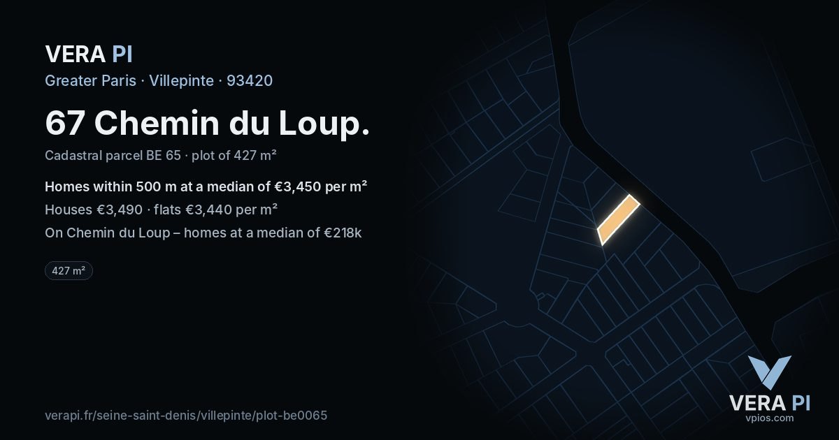 67 Chemin du Loup, Villepinte at night – the plot lit, the parcels around coloured by the prices near them