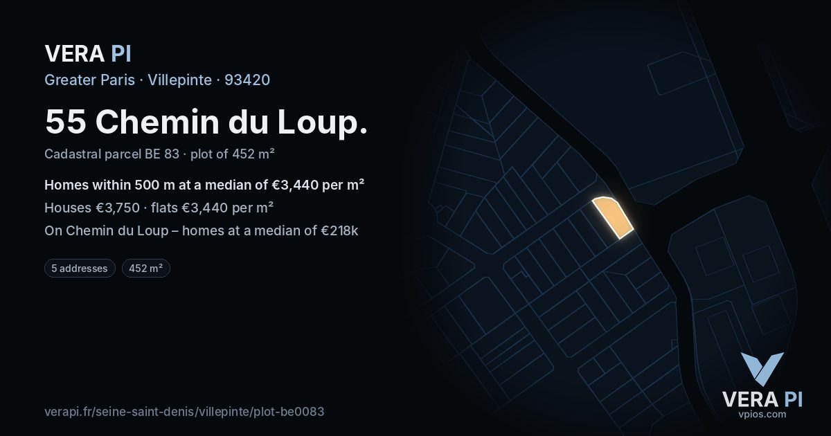 55 Chemin du Loup, Villepinte at night – the plot lit, the parcels around coloured by the prices near them