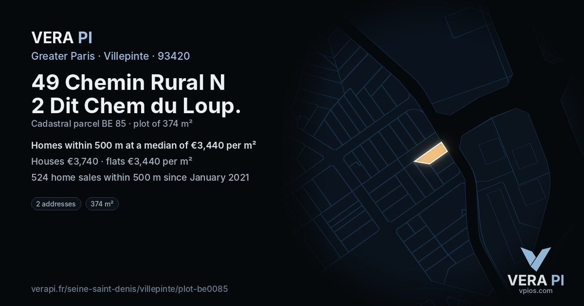 49 Chemin Rural N 2 Dit Chem du Loup, Villepinte at night – the plot lit, the parcels around coloured by the prices near them