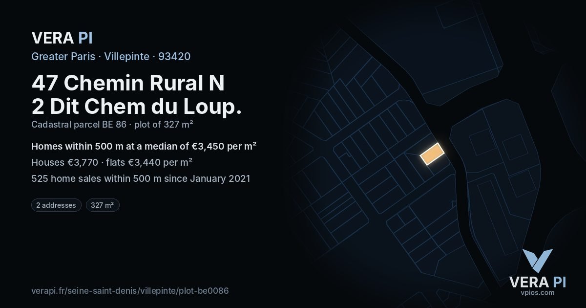 47 Chemin Rural N 2 Dit Chem du Loup, Villepinte at night – the plot lit, the parcels around coloured by the prices near them