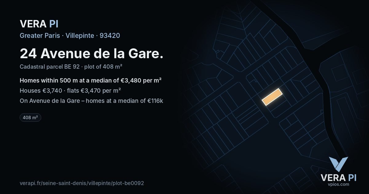 24 Avenue de la Gare, Villepinte at night – the plot lit, the parcels around coloured by the prices near them