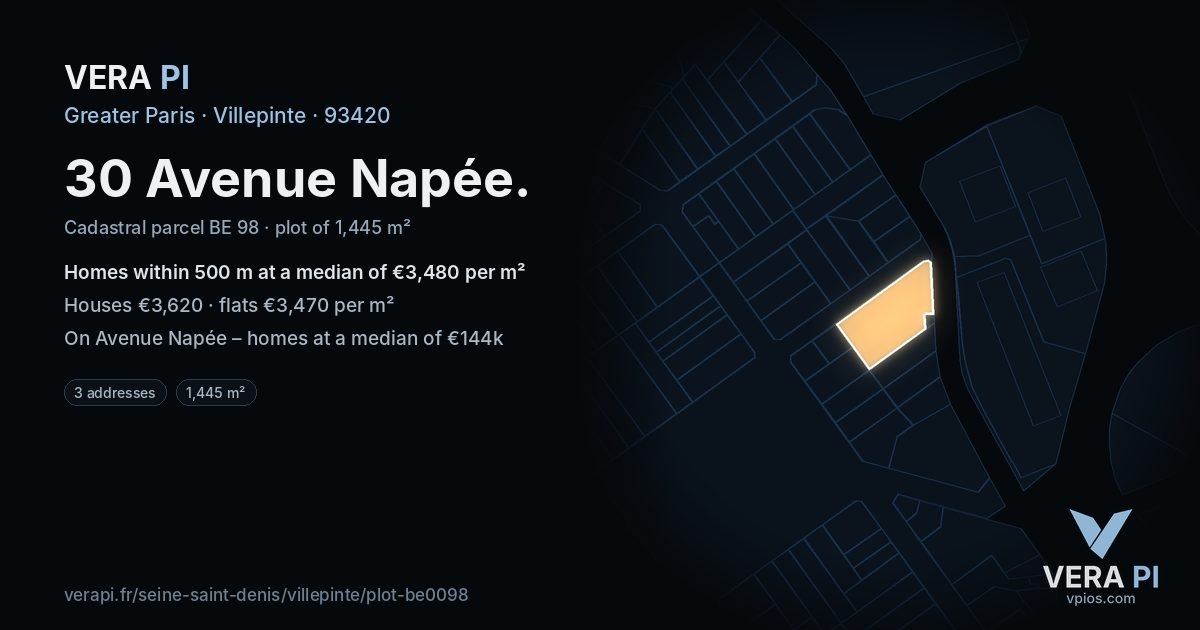 30 Avenue Napée, Villepinte at night – the plot lit, the parcels around coloured by the prices near them