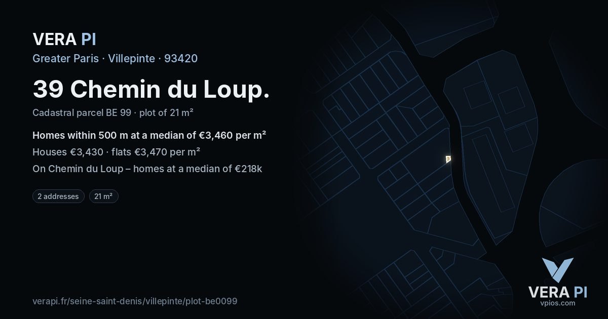 39 Chemin du Loup, Villepinte at night – the plot lit, the parcels around coloured by the prices near them