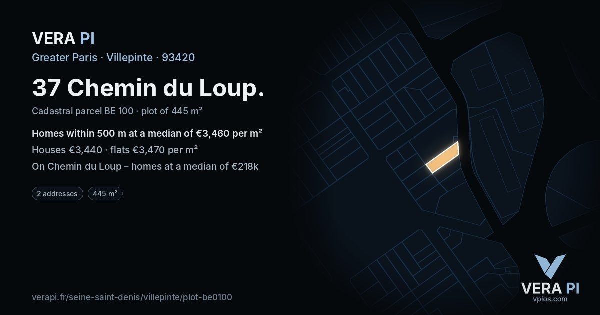 37 Chemin du Loup, Villepinte at night – the plot lit, the parcels around coloured by the prices near them
