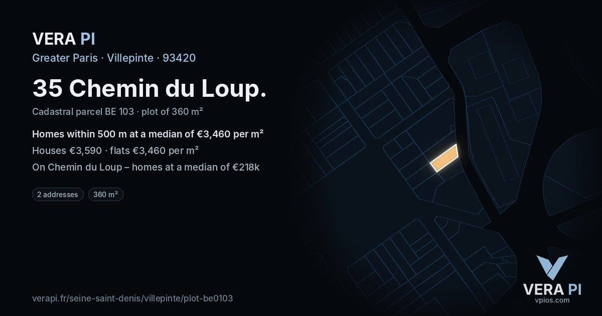 35 Chemin du Loup, Villepinte at night – the plot lit, the parcels around coloured by the prices near them