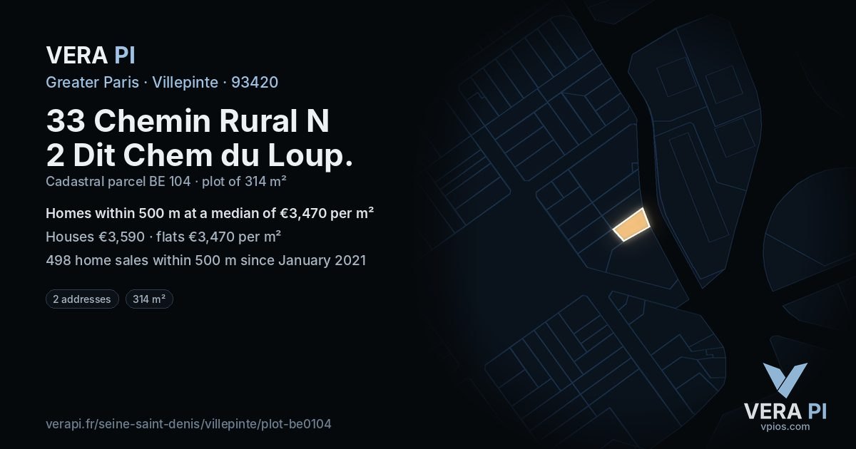 33 Chemin Rural N 2 Dit Chem du Loup, Villepinte at night – the plot lit, the parcels around coloured by the prices near them