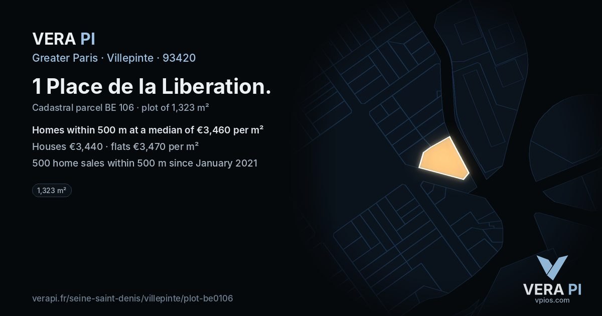 1 Place de la Liberation, Villepinte at night – the plot lit, the parcels around coloured by the prices near them