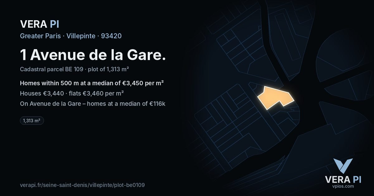 1 Avenue de la Gare, Villepinte at night – the plot lit, the parcels around coloured by the prices near them