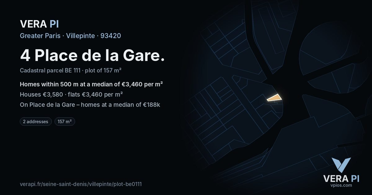4 Place de la Gare, Villepinte at night – the plot lit, the parcels around coloured by the prices near them