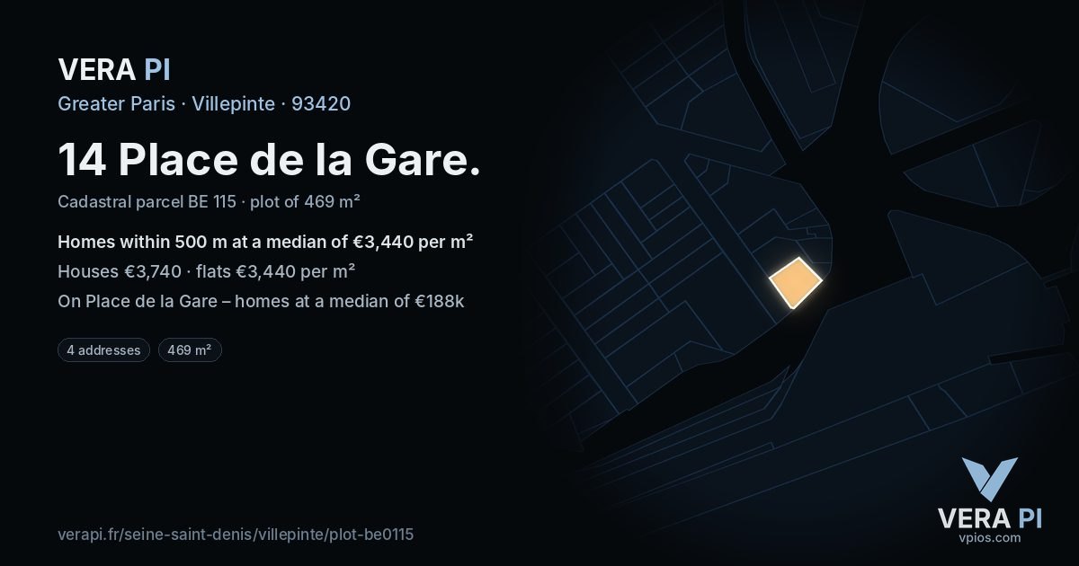 14 Place de la Gare, Villepinte at night – the plot lit, the parcels around coloured by the prices near them