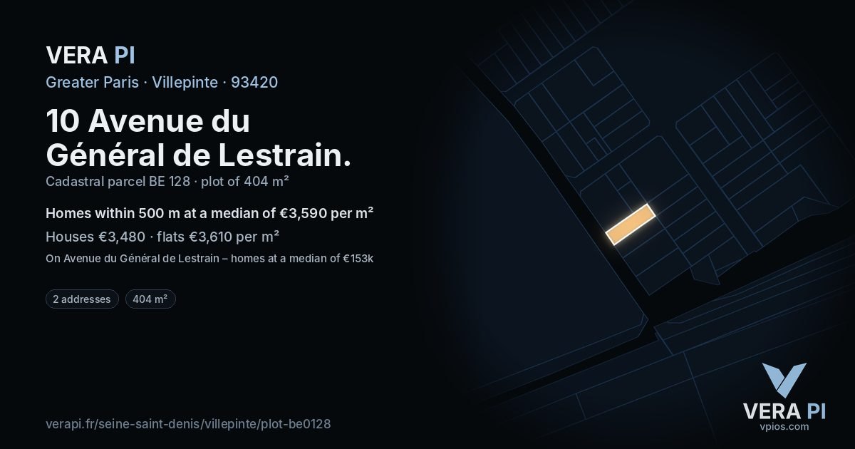 10 Avenue du Général de Lestrain, Villepinte at night – the plot lit, the parcels around coloured by the prices near them