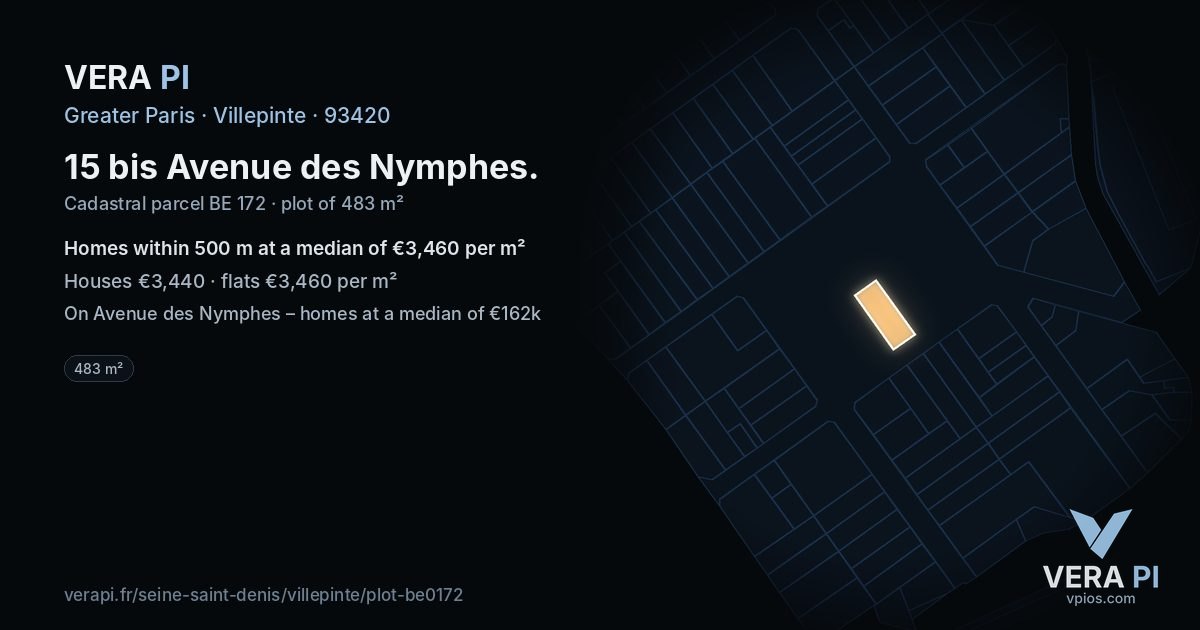 15 bis Avenue des Nymphes, Villepinte at night – the plot lit, the parcels around coloured by the prices near them