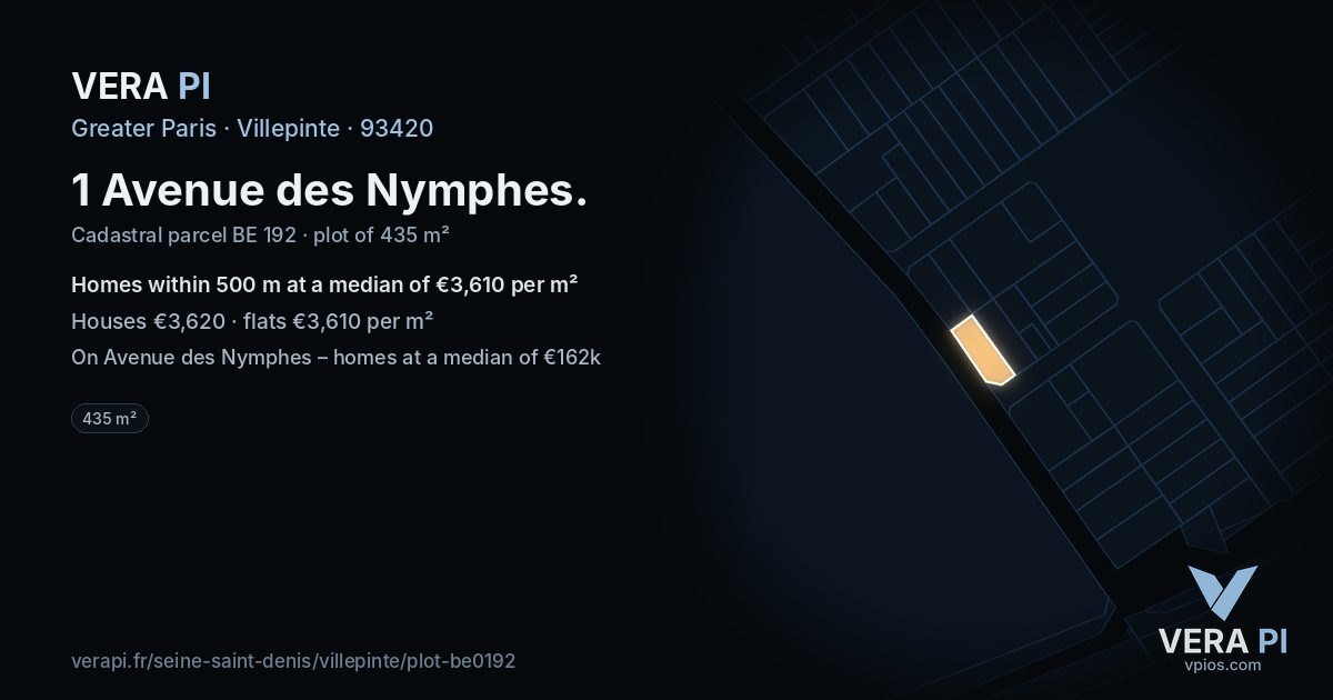 1 Avenue des Nymphes, Villepinte at night – the plot lit, the parcels around coloured by the prices near them