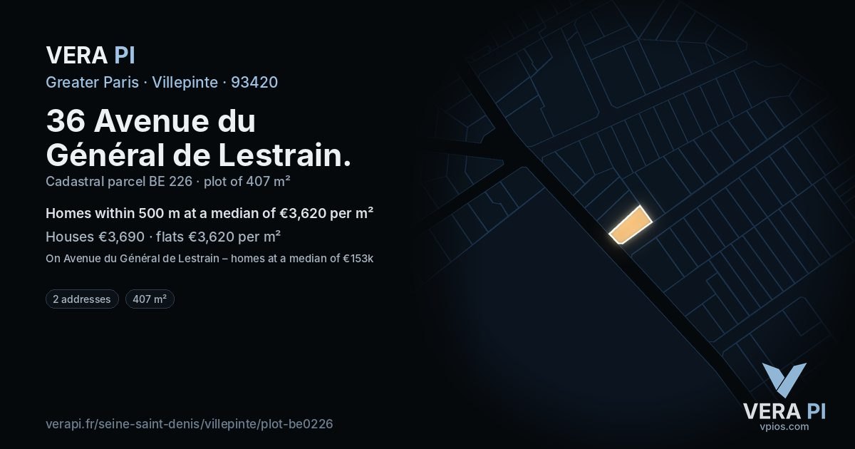 36 Avenue du Général de Lestrain, Villepinte at night – the plot lit, the parcels around coloured by the prices near them