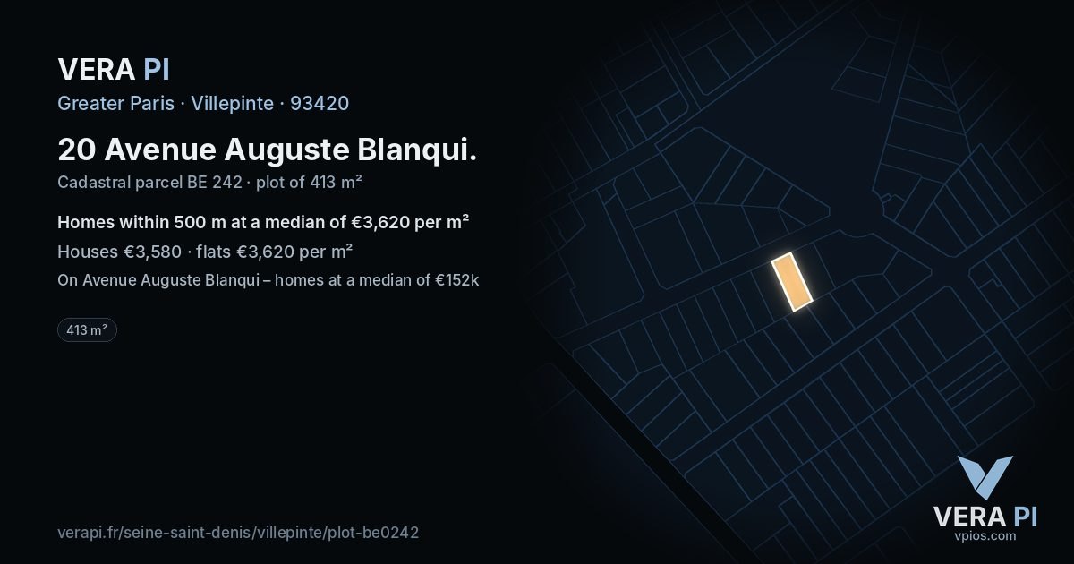 20 Avenue Auguste Blanqui, Villepinte at night – the plot lit, the parcels around coloured by the prices near them