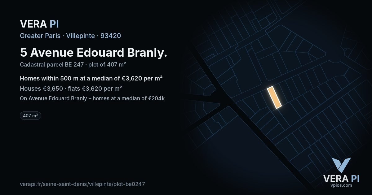5 Avenue Edouard Branly, Villepinte at night – the plot lit, the parcels around coloured by the prices near them