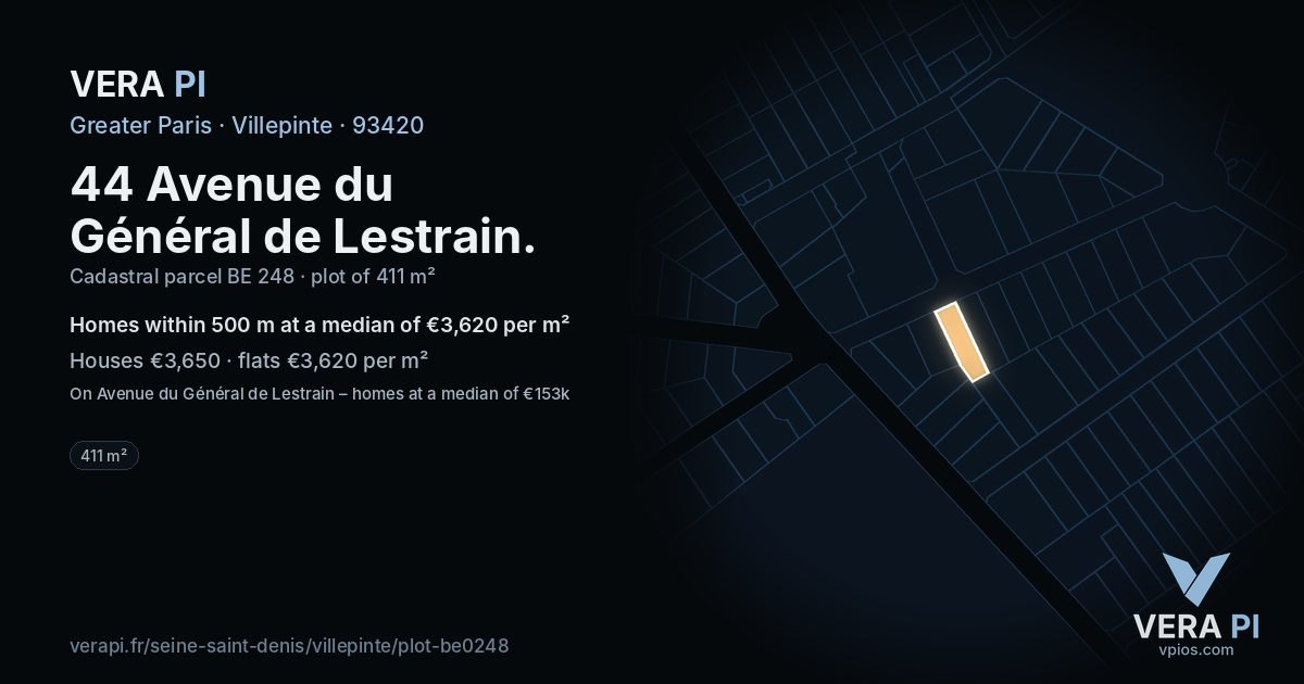 44 Avenue du Général de Lestrain, Villepinte at night – the plot lit, the parcels around coloured by the prices near them