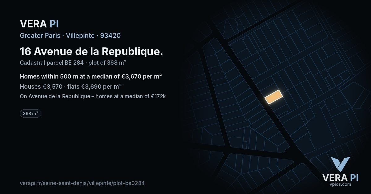 16 Avenue de la Republique, Villepinte at night – the plot lit, the parcels around coloured by the prices near them