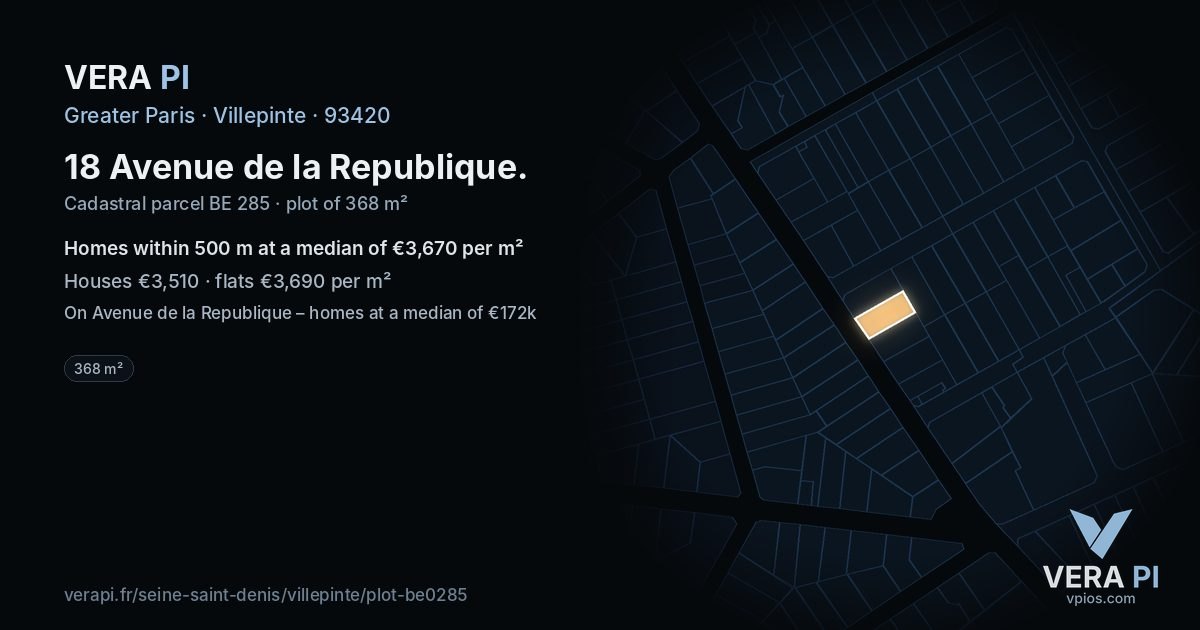 18 Avenue de la Republique, Villepinte at night – the plot lit, the parcels around coloured by the prices near them