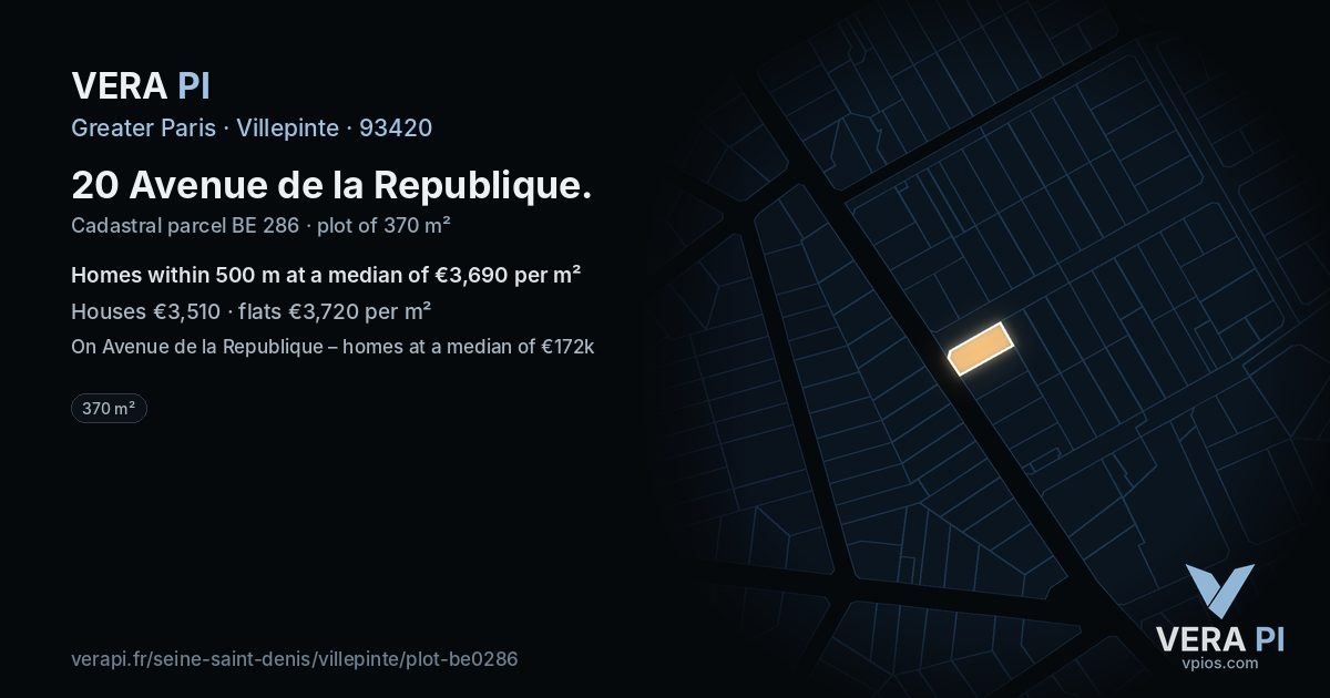 20 Avenue de la Republique, Villepinte at night – the plot lit, the parcels around coloured by the prices near them