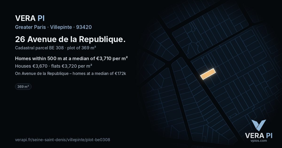 26 Avenue de la Republique, Villepinte at night – the plot lit, the parcels around coloured by the prices near them