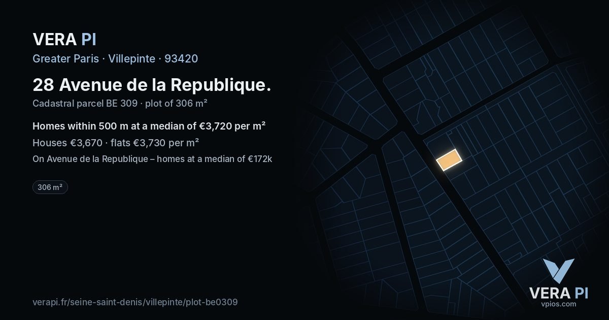 28 Avenue de la Republique, Villepinte at night – the plot lit, the parcels around coloured by the prices near them