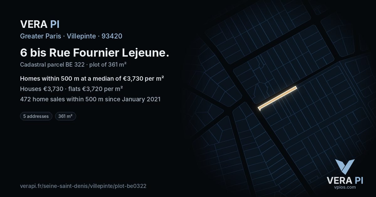6 bis Rue Fournier Lejeune, Villepinte at night – the plot lit, the parcels around coloured by the prices near them