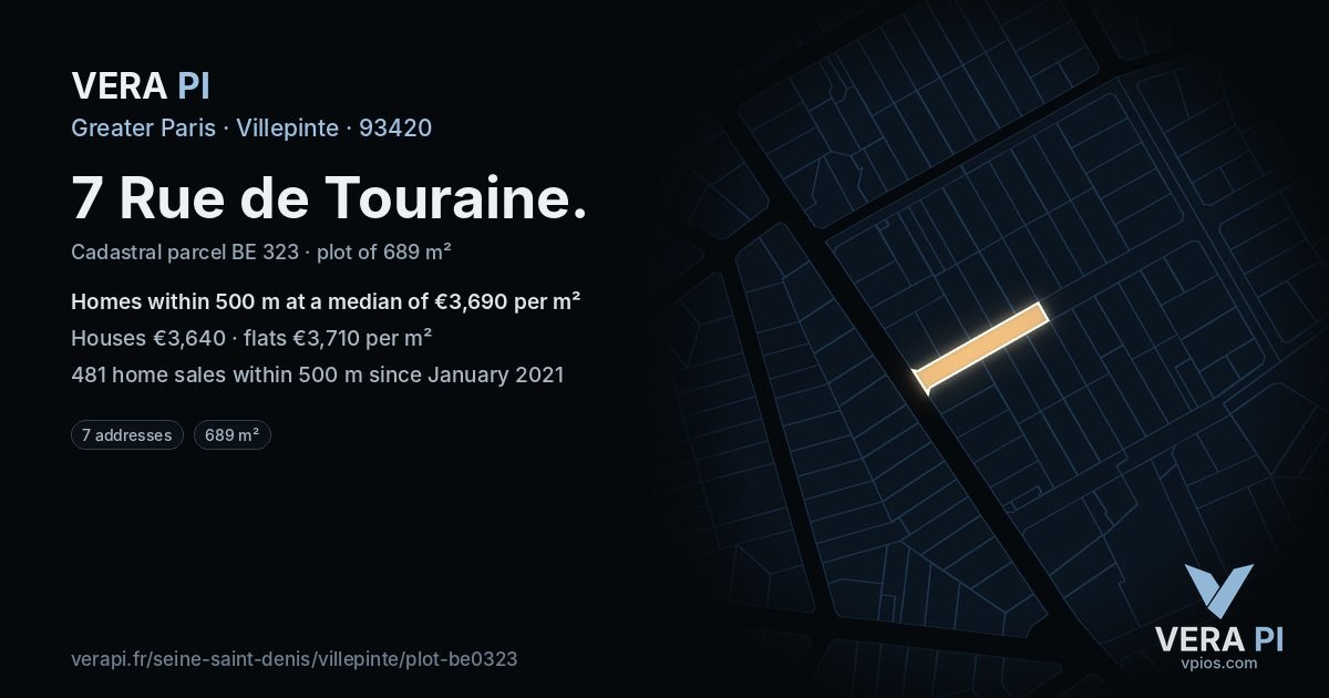 7 Rue de Touraine, Villepinte at night – the plot lit, the parcels around coloured by the prices near them